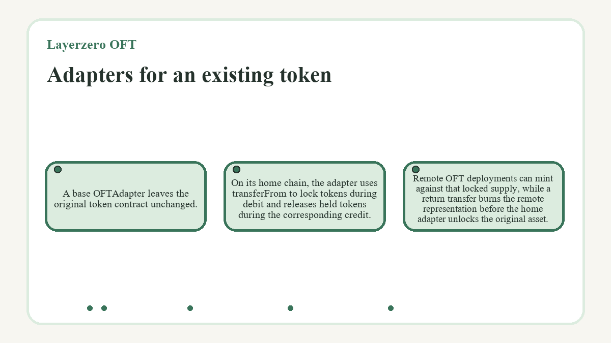 Adapters for an existing token: A base OFTAdapter leaves the original token contract unchanged.; On its home chain, the adapter uses transferFrom to lock tokens during debit and releases held tokens during the corresponding credit.; Remote OFT deployments can mint against that locked supply, while a return transfer burns the remote representation before the home adapter unlocks the original asset.
